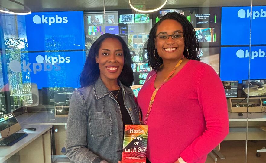 The image shows Dr. Portia Preston, author of the book "Hustle, Flow, or Let it Go,?" along with KPBS Midday Edition host Jade Hindmon at KPBS on November 5, 2025.