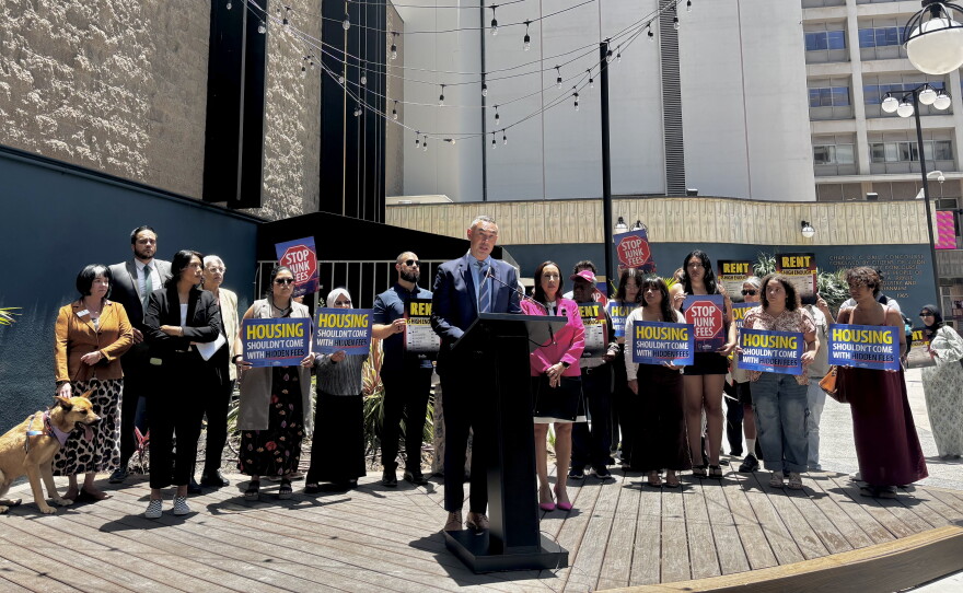 San Diego City Councilmember Sean Elo-Rivera speaks at a press conference in support of capping fees charged by landlords, June 30, 2026.