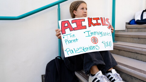 The signs reflected wide-reaching concerns with artificial intelligence at the protest at the SDSU union on Oct. 20, 2026.