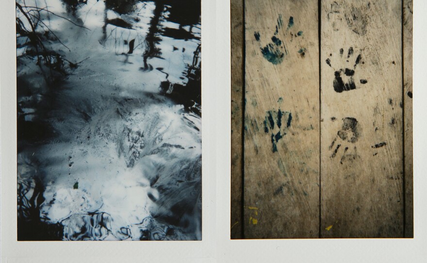 Left: Oil pollution in the rivers and lagoons of the Nariño region. The indigenous group Awá says people have been smuggling oil out of the area. Right: Children's painted hand prints on an indigenous house in Nariño.