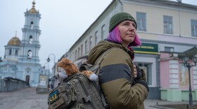Combat medic Olena Ivanenko, 44, whose military call sign is "Ryzh," takes a break from the front line in the northeastern city of Sumy, Ukraine, earlier this year.