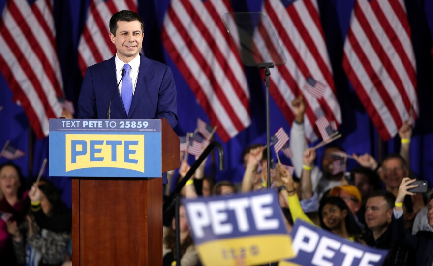Pete Buttigieg speaks at his primary night watch party in Nashua, N.H. Buttigieg is the delegate leader in this race with 22 to Sanders' 21 — but there's a long way to go.