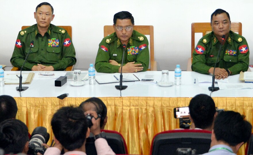Myanmar Army Maj. Gen. Tun Tun Nyi (left), Maj. Gen. Soe Naing Oo (center) and Maj. Gen. Zaw Min Tun (right) attend a military press conference on Jan. 18. Myanmar's army said it killed 13 ethnic Rakhine fighters after the armed group carried out deadly attacks on police posts.