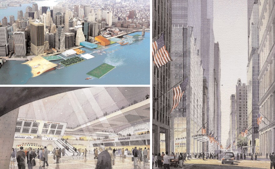 Excerpts from Mayor Bloomberg's "Vision" plan: (top left) a view of an East River waterfront park proposal, with sea-level ice skating rink and hydroponic garden, by Rockwell/Diller + Scofido; (bottom left) a conceptual view of the interior of the proposed Lower Manhattan transportation terminal; (bottom right) a view of proposed improvements to Broadway, including an MTA transit hub.