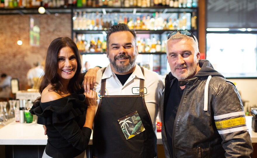 Paul Hollywood (right) and Teri Hatcher (left) with Guerilla Tacos chef Wes Atillo in Los Angeles