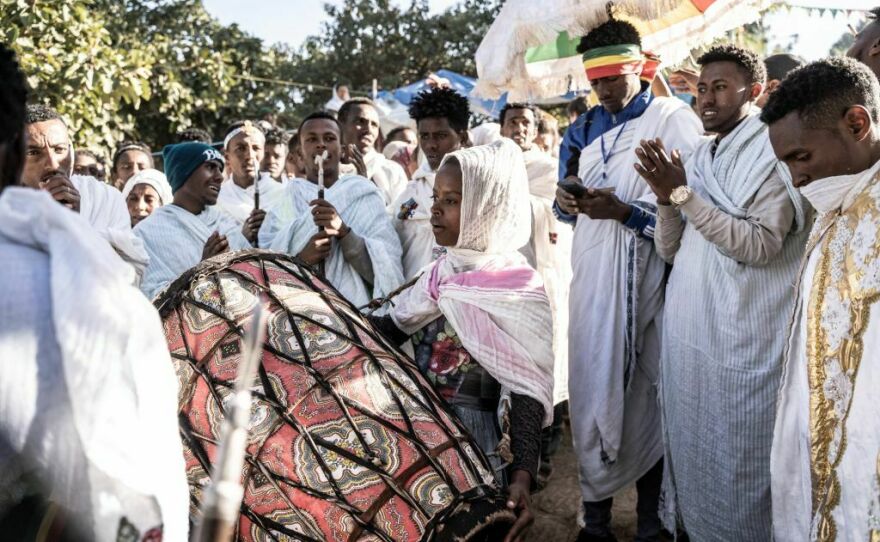 Pilgrims chant during the celebration of Ethiopian Orthodox Christmas at Saint Mary's Church in Lalibela on Jan. 7, 2023.