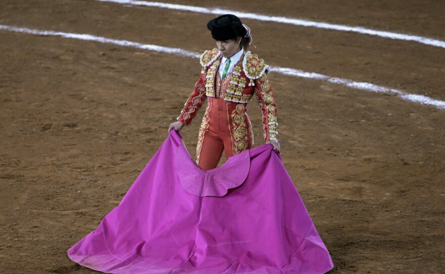 Mexican bullfighter Hilda Tenorio participates in a bullfight event at the Monumental Plaza de Toros Mexico in Mexico City on Feb. 9. Bullfighting resumed Feb. 4 in the capital after it was banned in 2022.