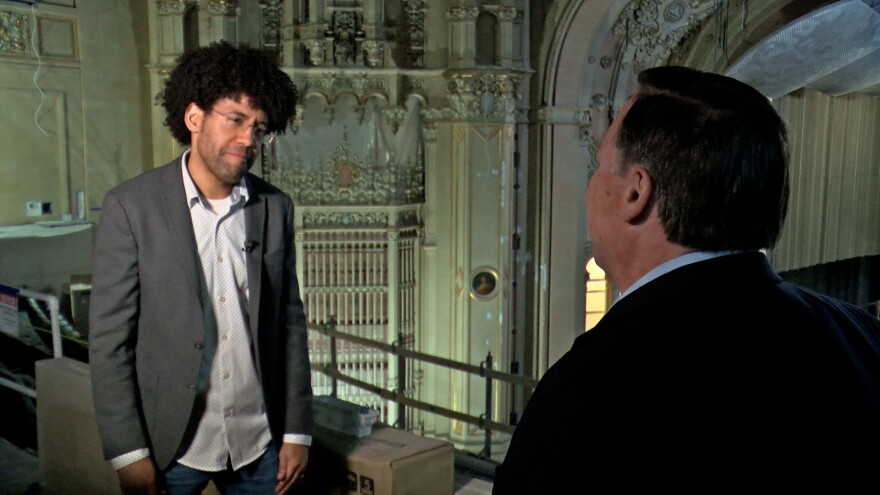 San Diego Symphony Music Director Maestro Rafael Payare is shown being interviewed by KPBS reporter John Carroll inside the Jacobs Music Center on March 29, 2024.