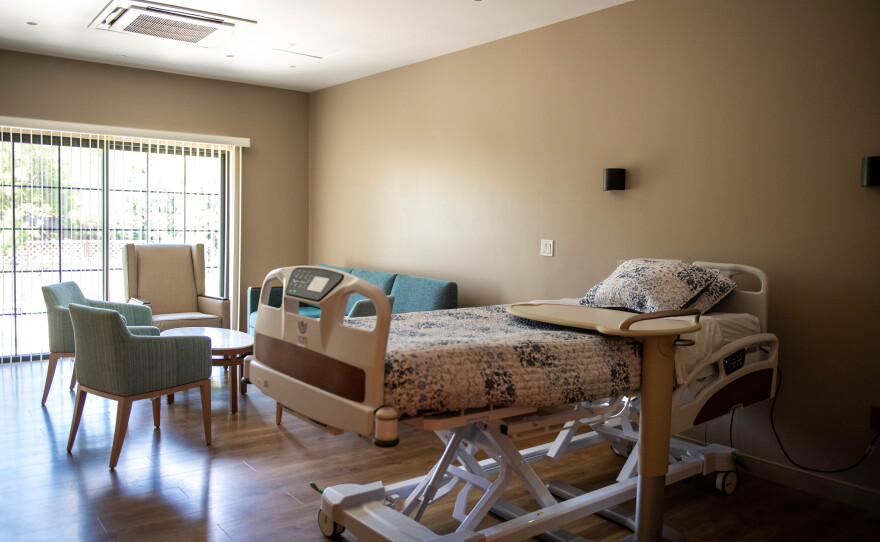 A hospice bed sits empty at the Moore MountainView Hospice Home in Poway.  A new statewide campaign from the California Hospice and Palliative Care Association called Hospice Can Help is helping families learn about hospice care earlier. 
