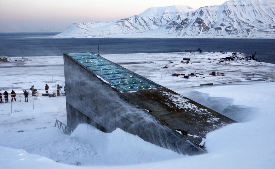 Snow blows off the Svalbard Global Seed Vault before being inaugurated at sunrise, Tuesday, Feb. 26, 2008. The "doomsday" seed vault is inside an Arctic mountain in the remote Norwegian archipelago of Svalbard.