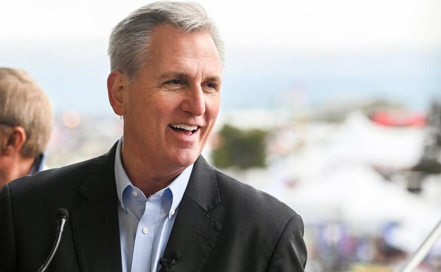 Speaker of the House Kevin McCarthy speaks to the media following the opening ceremonies at the World Ag Expo on Tuesday in Tulare, Calif.