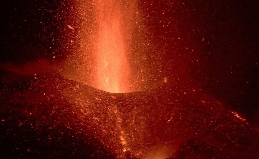 The Cumbre Vieja volcano, pictured from El Paso, spews lava, ash and smoke, in the Canary Island of La Palma on Friday.