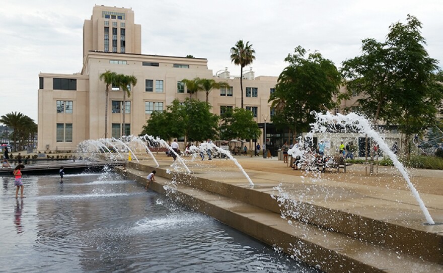 The County Administration Building is shown with the San Diego County Water Park in the foreground, June 27, 2015.