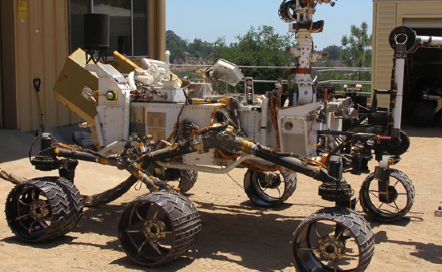 A rover in the Jet Propulsion Laboratory Mars Yard.