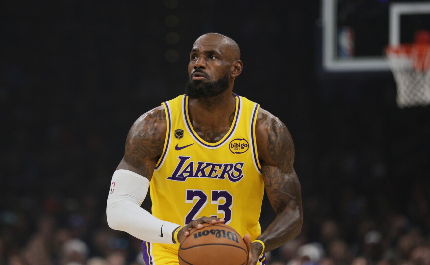 LeBron James prepares to shoot during the first half of Game 2 of a second-round NBA playoff series against the Oklahoma City Thunder on Thursday, May 7, in Oklahoma City. James is leaving the Los Angeles Lakers after eight seasons.