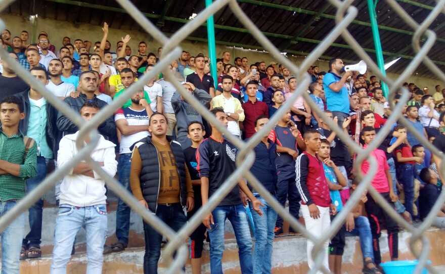 Many of the crowds at the soccer games Abu Qassem staffs are all-male, like this one from a recent professional soccer match in Gaza City.