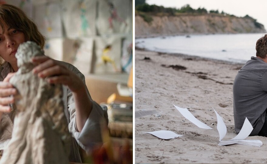 Michelle Williams in <em>Showing Up</em>, left, and Thomas Schubert in <em>Afire.</em>