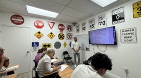 Johannes González, an instructor at Speedway Driving School in Hialeah, Florida, teaches Spanish-speaking students to memorize key words in order to pass the state's new English-only driving exam.