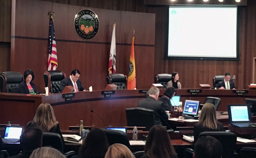The Orange County Board of Supervisors during a meeting in Santa Ana, Calif., on Tuesday. The board voted to oppose California's sanctuary law for undocumented immigrants.