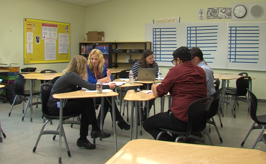 Hoover High School math teachers talk after school, Jan. 18, 2017.