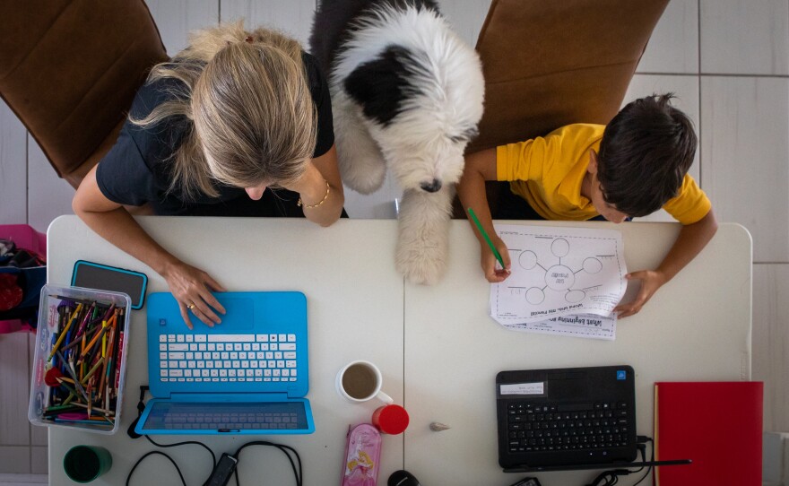 A mother works from home while her son attends school remotely in an arranged photograph taken in Miami in September.