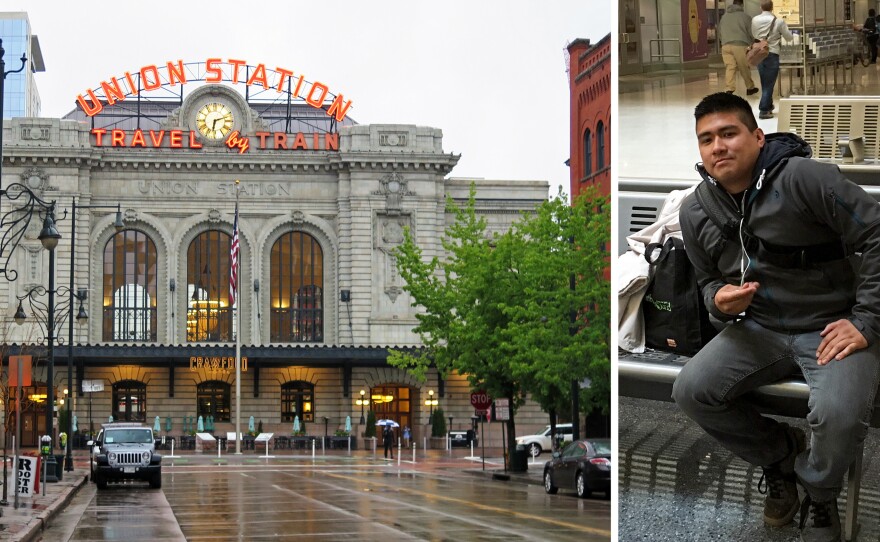 (Left) Union Station in Denver. (Right) Patrick Casica in the bus depot at Denver's Union Station. Casica gave up his more lucrative bartending job to pursue a tech career at Mesa Labs in Denver.