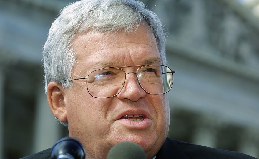 House Speaker Dennis Hastert, talks to the press October 17, 2001, outside the Capitol building in Washington, DC.