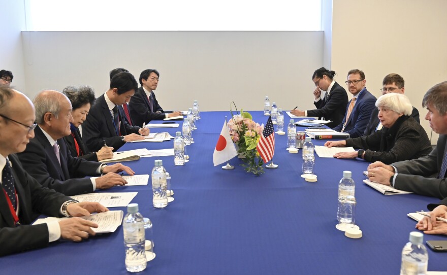 U.S. Treasury Secretary Janet Yellen, second right, and Japan's Finance Minister Shunichi Suzuki, second left, hold their meeting during the G-7 Finance Ministers and Central Bank Governors' Meeting in Niigata, Japan, on Saturday, May 13, 2023.