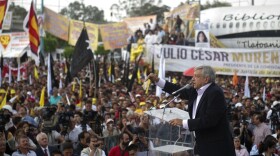 Mexican presidential candidate for the leftist coalition Progressive Movement of Mexico, Andres Manuel Lopez Obrador, speaks during a rally at the Venustiano Carranza square in Mexico City, on April 16, 2012. 