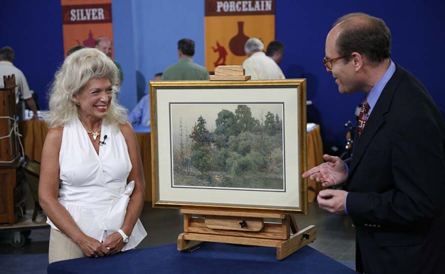 Alan Fausel (right) appraises a Paul Sawyier watercolor, ca. 1900, in Louisville, Ky. ANTIQUES ROADSHOW “Vintage Louisville 2021, Hour 1” premieres Monday, March 22 at 8/7C p.m. on PBS.