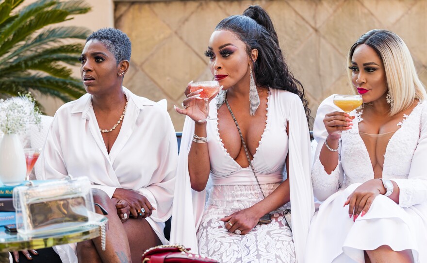 From left to right: Cast members Annie Macaulay-Idibia, an actress, model and presenter from Nigeria; Khanyi Mbau; and Ugandan socialite and entrepreneur Zari Hassan.
