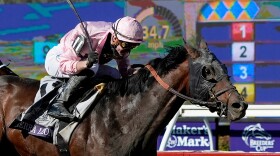 Sierra Leone, front, ridden by Flavien Prat wins the Breeders' Cup Classic horse race in Del Mar, Calif., Saturday, Nov. 2, 2024.