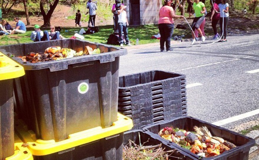 Compost bins at the Grand Army Plaza Greenmarket in Brooklyn, N.Y. are part of a pilot program to get New Yorkers to recycle their food waste.