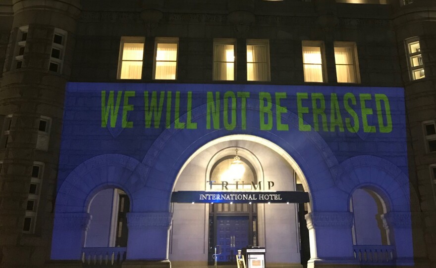 The Human Rights Campaign, an LGBTQ civil rights organization, projected seven words that were allegedly banned from some CDC documents onto the facade of the Trump International Hotel in Washington, D.C., on Tuesday.