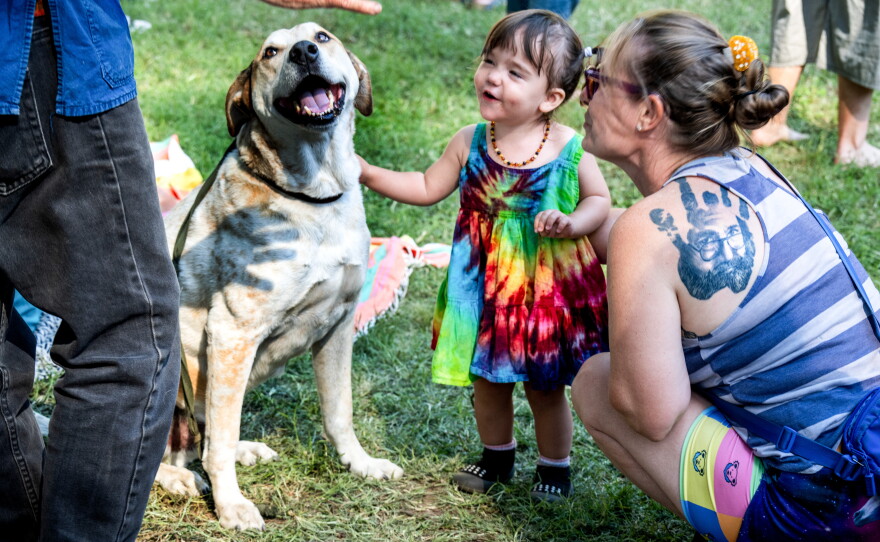 Nicole Lauricella, with a Jerry Garcia tattoo on her shoulder came to the show with her granddaughter, Luna, 21 months old. Nicole's daughter and son were also there for three generations. Terrapin Roadshow performs at Monte Rio Amphitheater in Monte Rio, CA for a story about the longevity of the Grateful Dead's music and cultural scene.