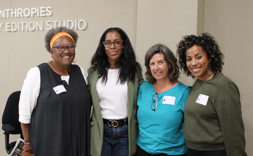 Diane Moss (left), Andrea Guerrero (center right) and Brisa Johnson (right) join KPBS Midday Edition host Jade Hindmon (center left) to discuss how community organizations are showing up for one another in difficult economic times.