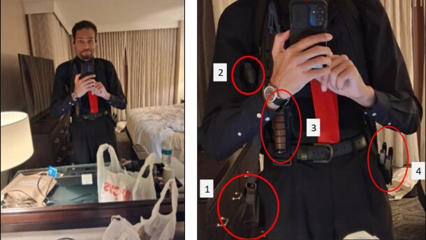 This image contained in a court filing by the Department of Justice, April 29, 2026, shows Cole Tomas Allen, left,  inside his hotel room, on Saturday, April 25, 2026 in Washington, using his cellphone to take a photograph of himself in the mirror. An enhanced version of the image is right.