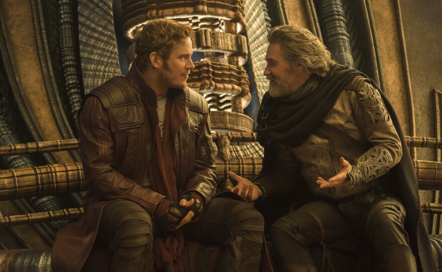 Peter Quill (Chris Pratt) meets his father (Kurt Russell) in the new "Guardians of the Galaxy, Vol. 2."