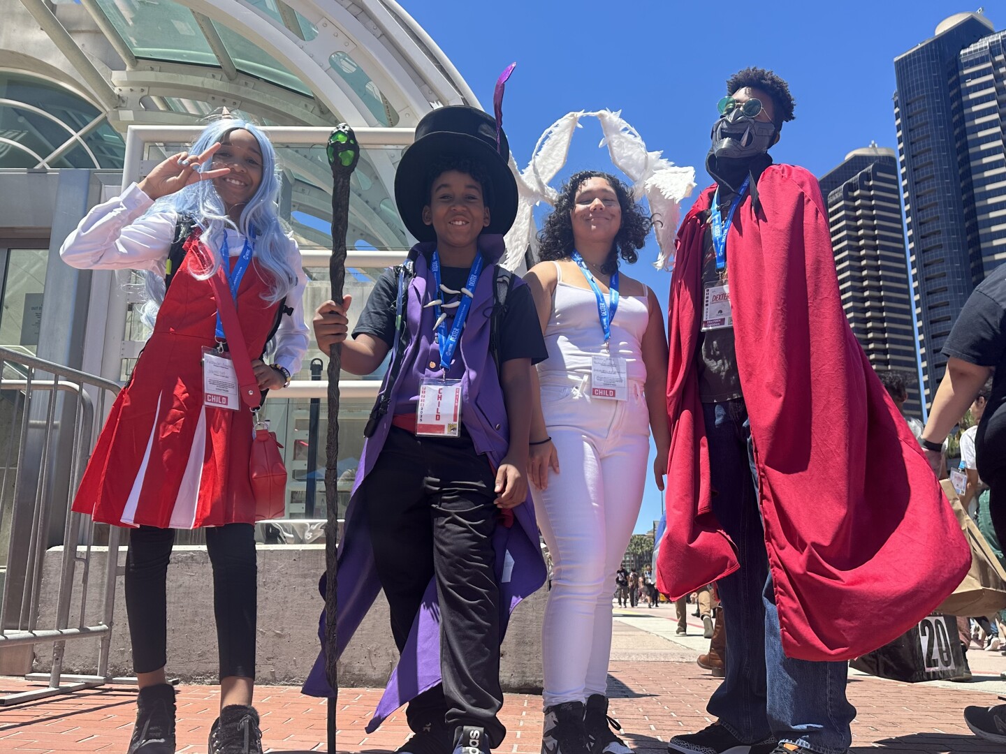 Proud cosplayers from Murrieta outside the convention center, from left to right, Kaydence Gooden, Jordan Gooden, Jersie Brodowski, Drayden Gooden on Sunday, July 27, 2025.<br/>