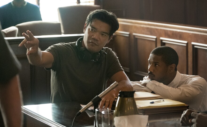 Filmmaker Destin Daniel Cretton on the set of "Just Mercy" with actor Michael B. Jordan.
