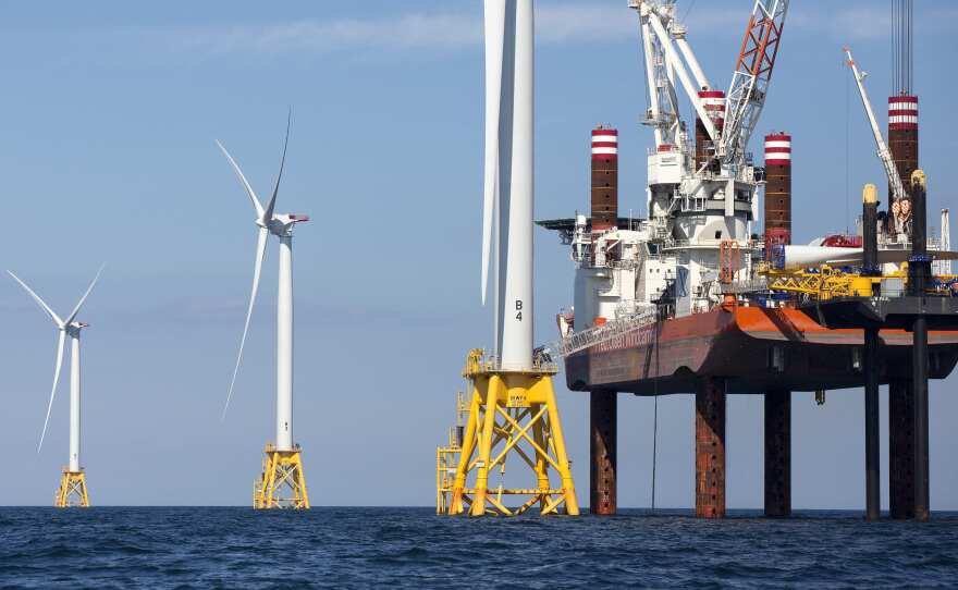 A lift boat and wind turbines off Block Island, Rhode Island, in 2016.