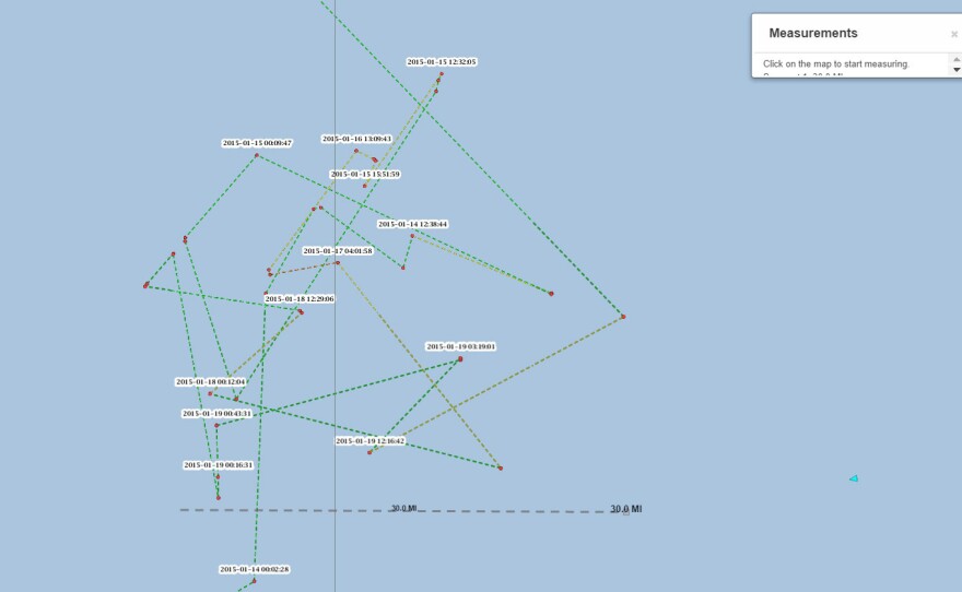 SkyTruth followed the ship Shin Jyi Chyuu 33 during one week last month. The group says the ship's irregular track and variations in speed, as seen on a map, are indicative of fishing.