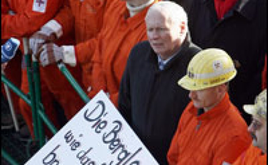 Left Party leader Oskar Lafontaine protests with miners against the closure of mines in Saarbrucken, Germany, on March 5.