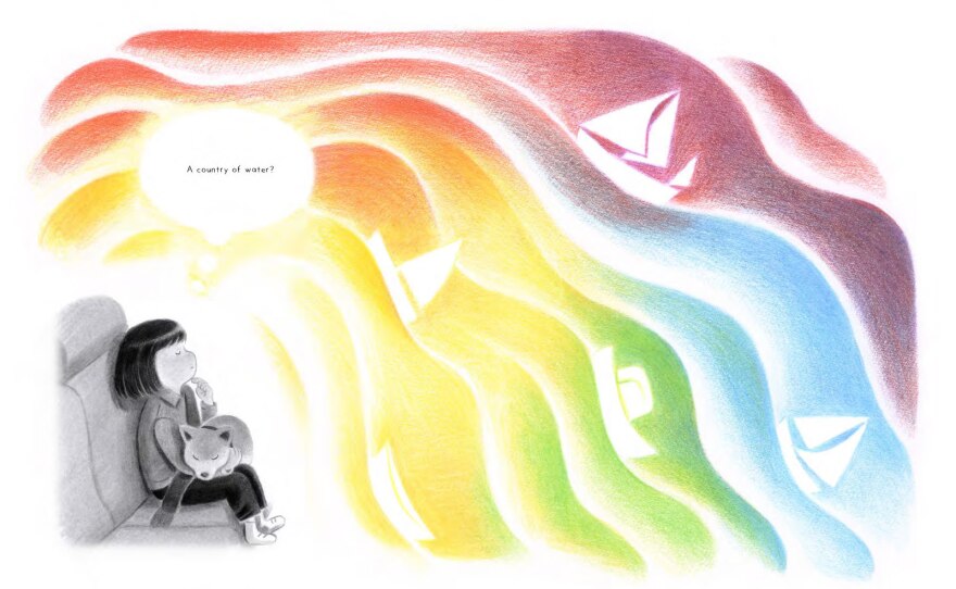 Interior pages are shown from Viet Thanh Nguyen and Minnie Phan's "Simone." While evacuated from wildfires in California, Simone's mother tells her of flooding in her homeland of Vietnam. Simone is in a car with her dog on her lap. She visualizes a rainbow-colored land of waves and sailboats. Text reads "A country of water?"