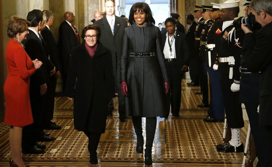 First lady Michelle Obama arrives at the Senate carriage entrance for the presidential inauguration ceremonies at the U.S Capitol.