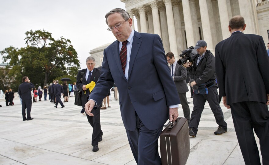 Attorney Douglas Laycock leaves the Supreme Court Tuesday after arguing before the court on behalf of Arkansas prison inmate Gregory Holt.