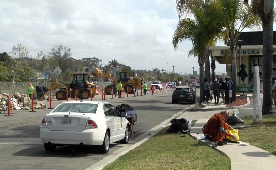 Oceanside city crews bulldoze large rocks along South Oceanside Boulevard to prevent homeless encampments from forming again. April 14, 2021.
