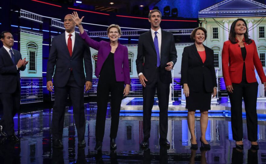 (From left) Former Housing Secretary Julián Castro, New Jersey Sen. Cory Booker, Massachusetts Sen. Elizabeth Warren, former Texas Rep. Beto O'Rourke, Minnesota Sen. Amy Klobuchar and Hawaii Rep. Tulsi Gabbard. Warren, Booker and O'Rourke have already qualified for the Democratic debate in September.