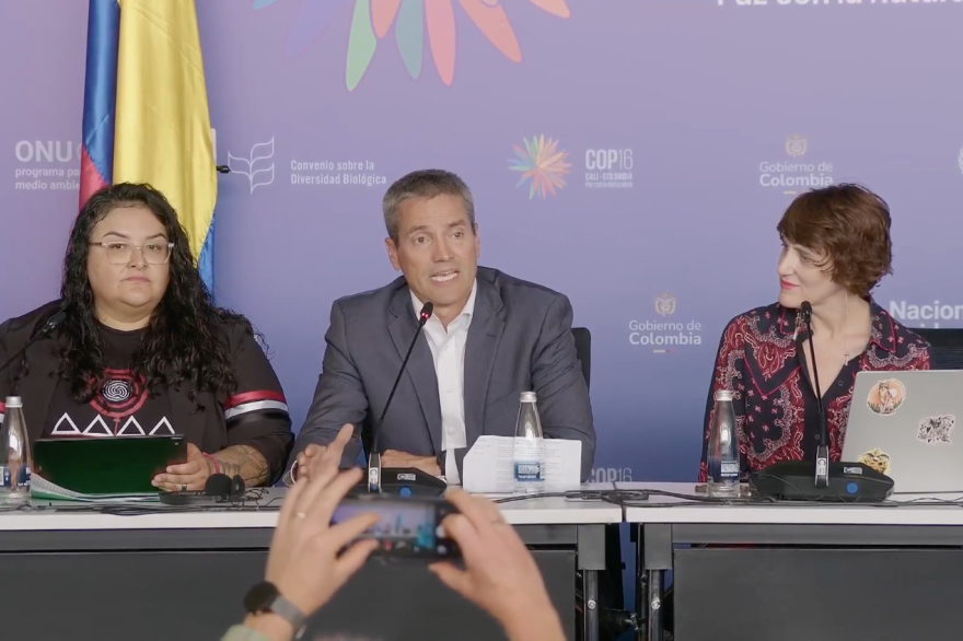 From left, Quechan Cultural Committee member Lena Ortega, California Natural Resources Secretary Wade Crowfoot and California Global Biodiversity Working Group co-founder Rosalind Helfand hold a press conference with other California leaders during COP 16, the global UN biodiversity conference, in Cali, Colombia on Oct. 28, 2024.