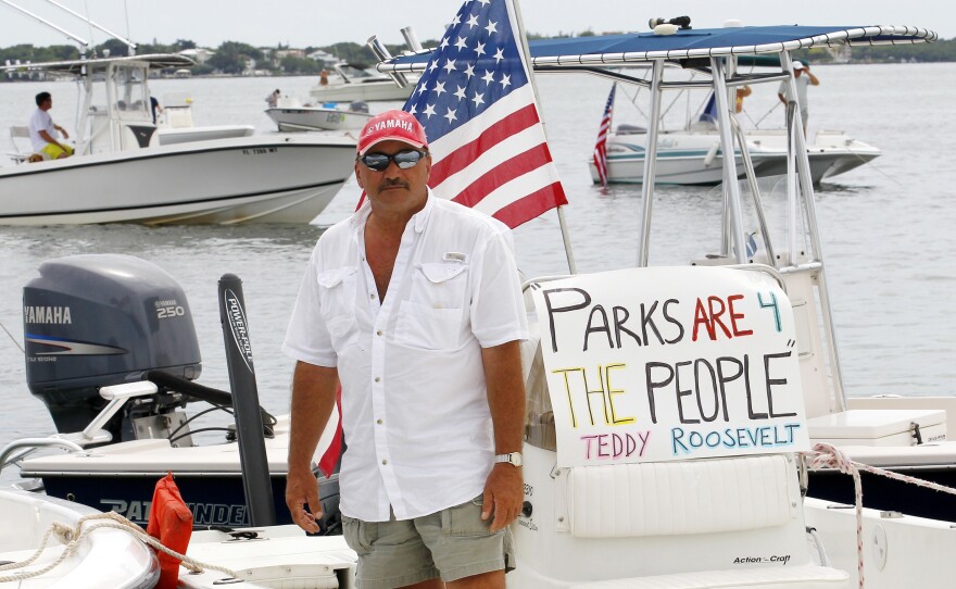 A sport fishing guide in the Florida Keys protests the closure of Everglades National Park waters for fishing as part of the U.S. government shutdown.